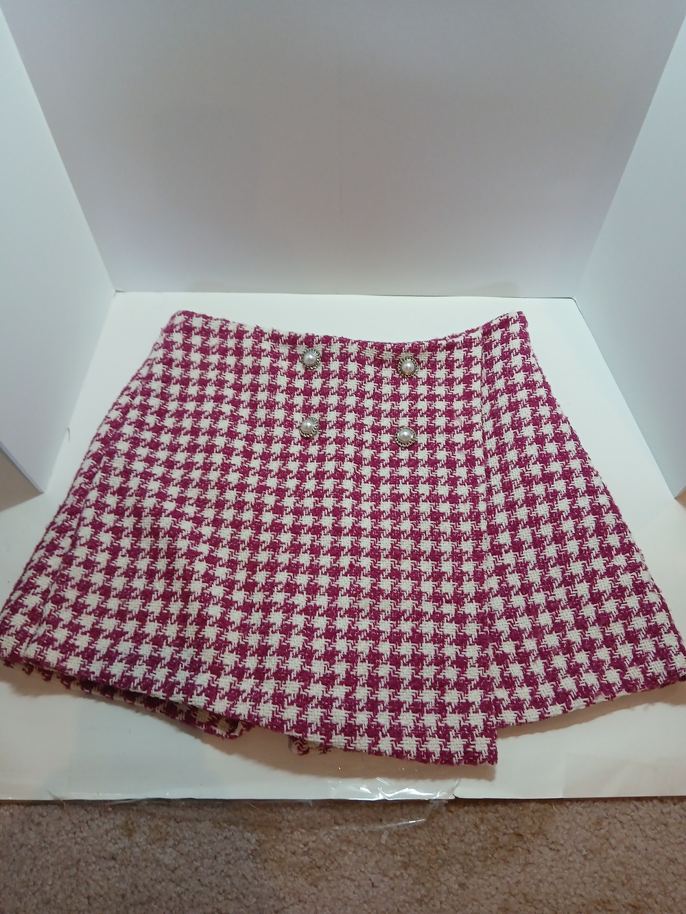 Flying Tomato Pink and White Houndstooth Mini Skort with Pearl Buttons
